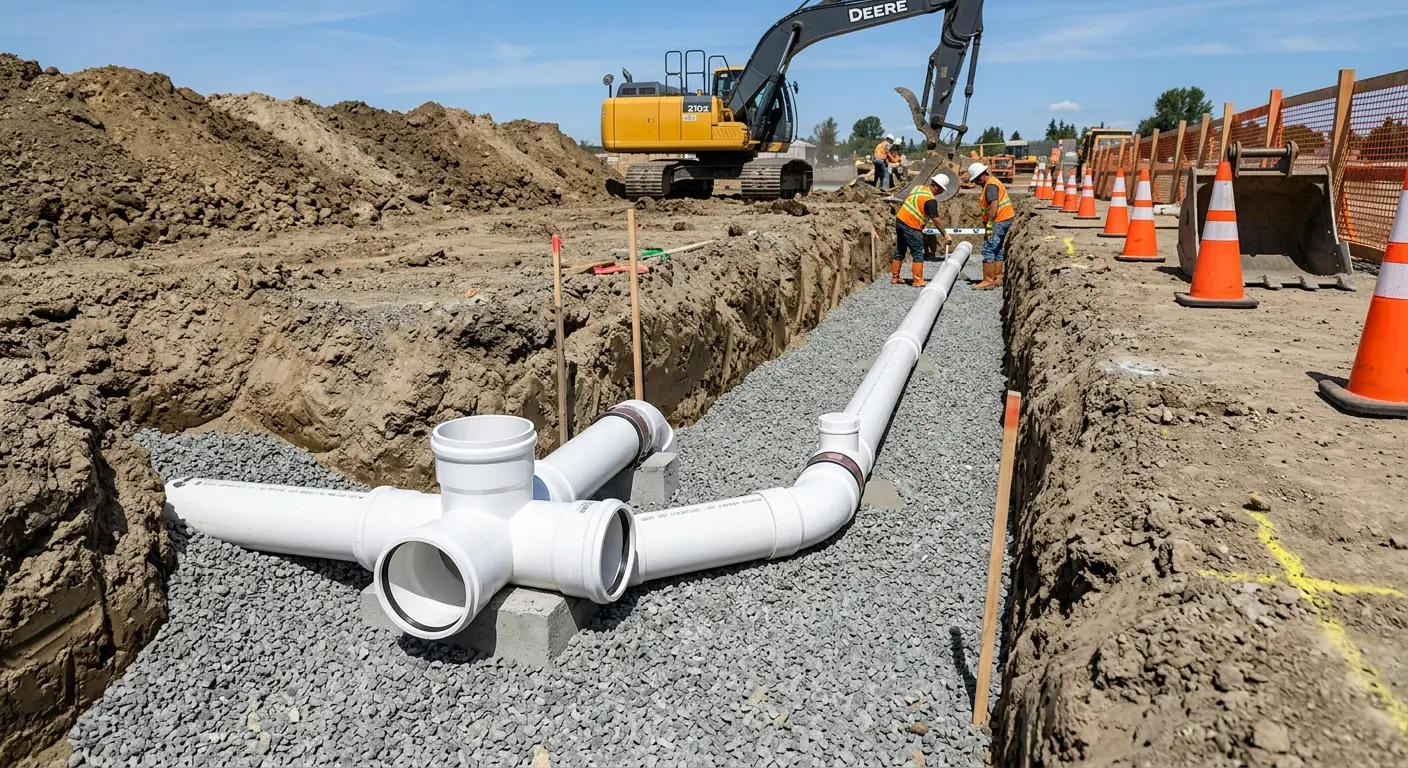 New PVC sewer pipe installation in open trench for Sewer Camera Inspection in Absecon