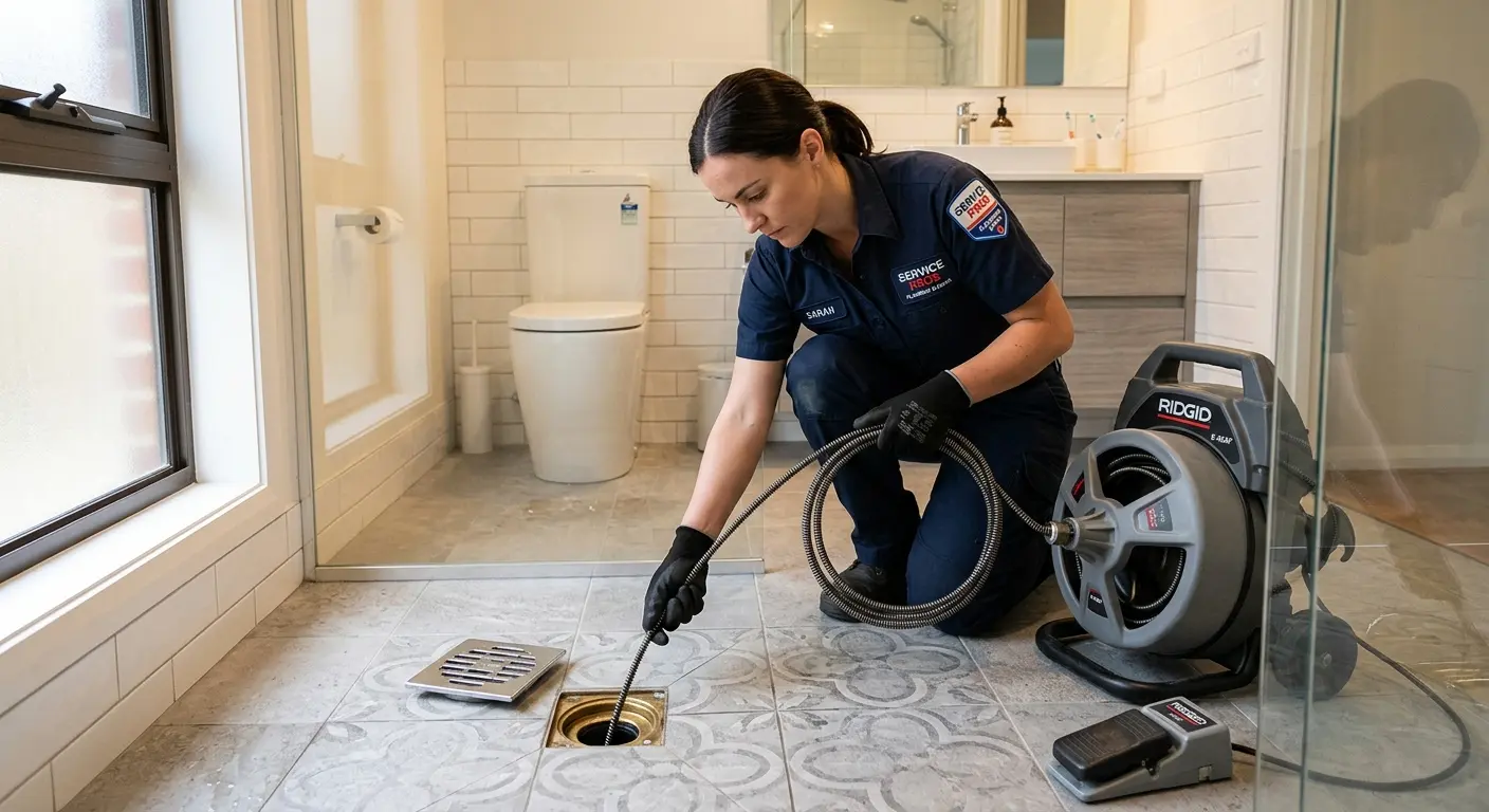 Technician clearing a bathroom floor drain for Sewer Line Replacement in Absecon